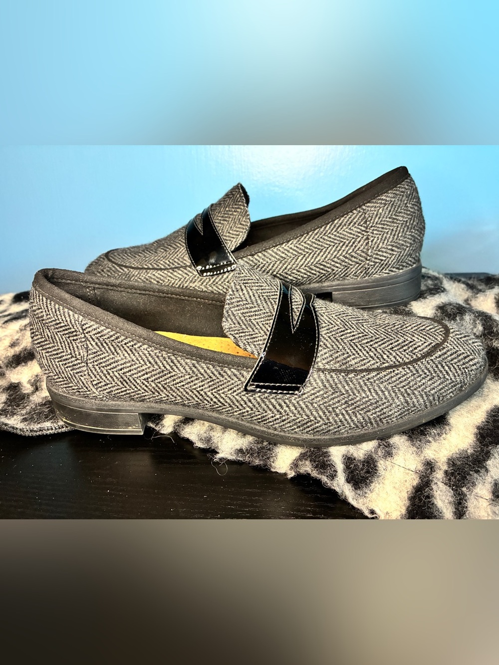 Clarks Gray Herringbone Penny Loafers with Black Leather Strap